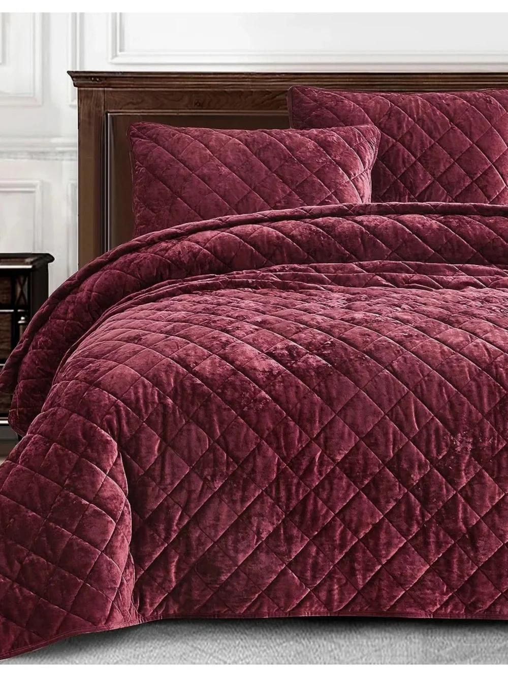 Plush Quilted Velvet king quilt 3 piece Set in Burgundy